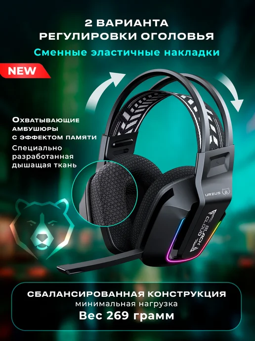 URZUS Наушники беспроводные игровые для пк с микрофоном UR-5524123, черный, фото 3
