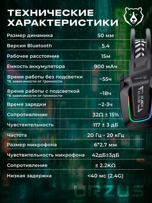 URZUS Наушники беспроводные игровые для пк с микрофоном UR-5524123, черный, фото 6