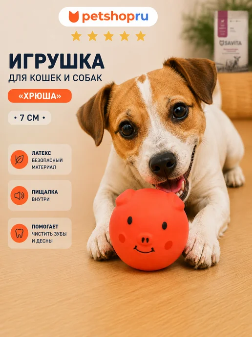 PetShop Игрушка для кошек и собак мяч из латекса "Хрюша", 7 см, оранжевый
