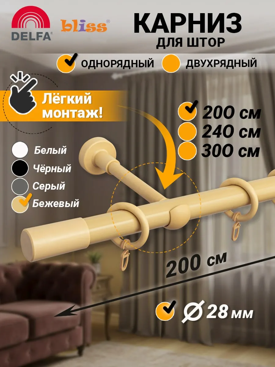 Карниз для штор 200 см однорядный бежевый гардина настенная