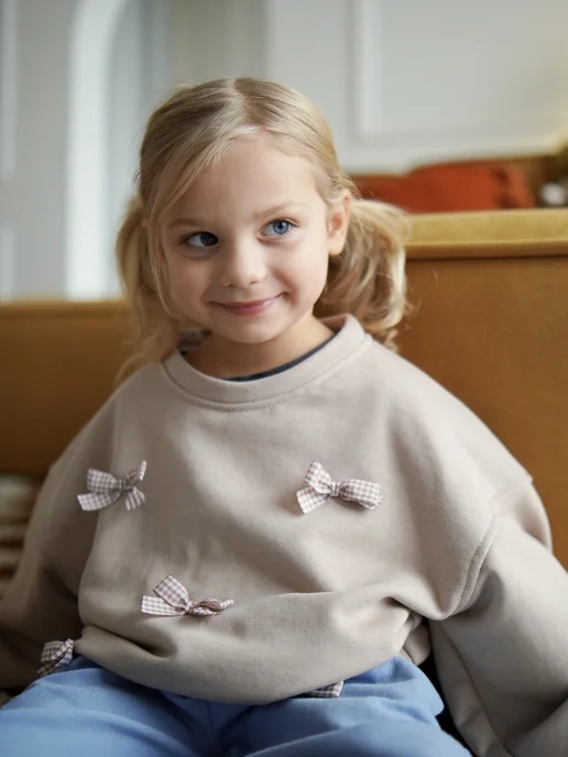 mass.kids Толстовка свитшот без начеса с бантиками, бежевый, фото 2