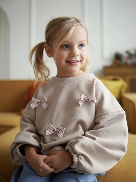 mass.kids Толстовка свитшот без начеса с бантиками, бежевый, фото 4