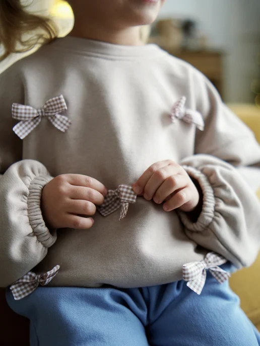mass.kids Толстовка свитшот без начеса с бантиками, бежевый, фото 5