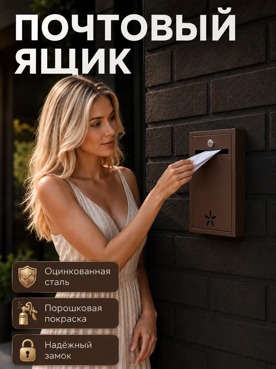 Почтовый ящик металлический для писем с замком коричневый