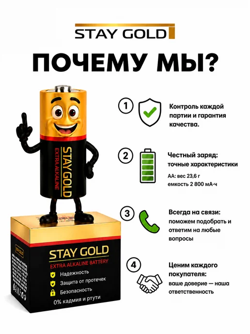 STAY GOLD Батарейки пальчиковые АА (LR6) алкалиновые 1,5V, набор 12 шт, 12 шт, фото 2