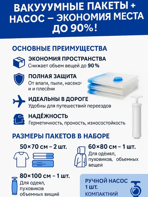 BOSA Вакуумные пакеты для хранения одежды путешествия, синий