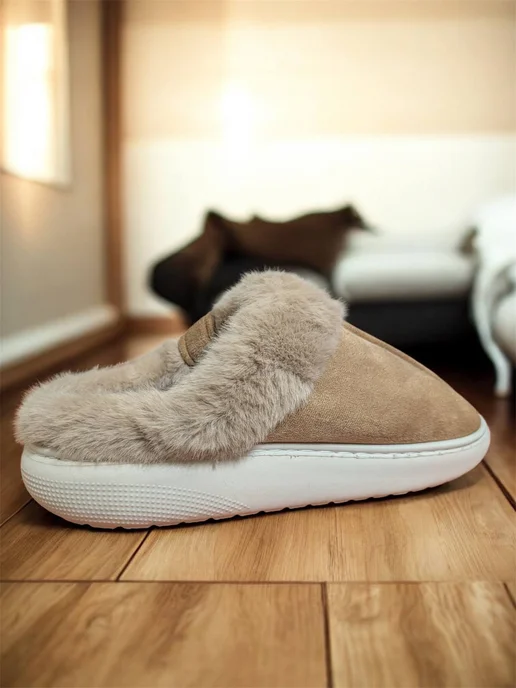 WearUp Тапочки домашние теплые закрытые с мехом, коричневый, фото 3