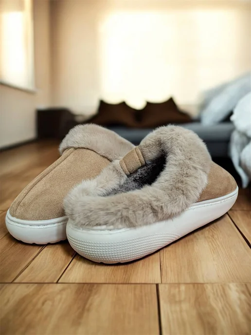 WearUp Тапочки домашние теплые закрытые с мехом, коричневый, фото 5