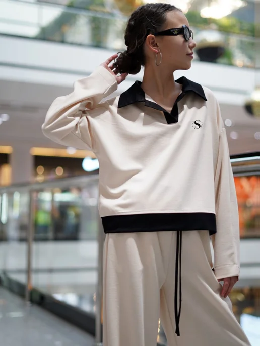 Sonechkashop Костюм для подростка спортивный оверсайз летний, бежевый, фото 2