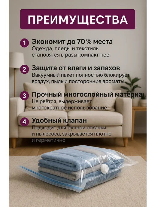 ATS2 Вакуумный пакет 70×100 см с клапаном для хранения вещей, 60x80 см, фото 2