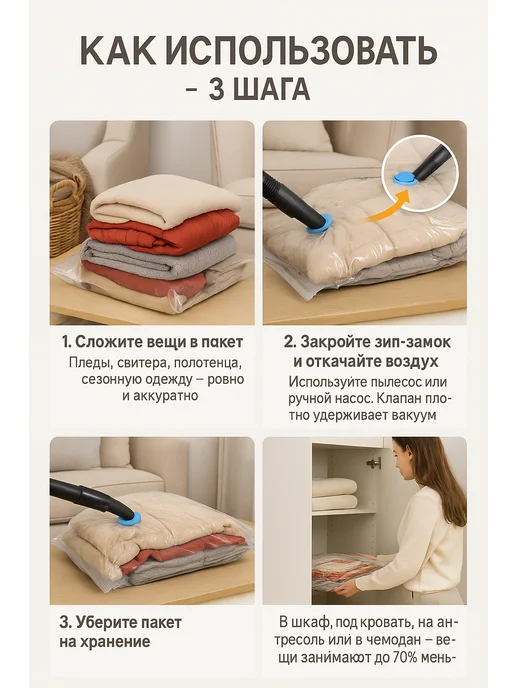 ATS2 Вакуумный пакет 70×100 см с клапаном для хранения вещей, 60x80 см, фото 3