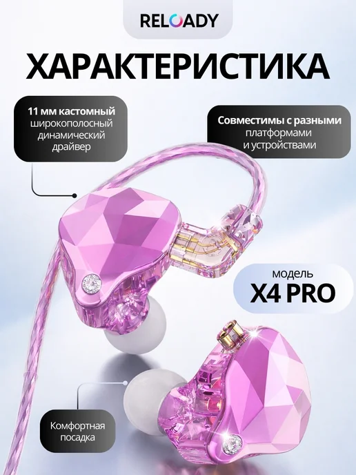RELOADY Наушники проводные RELOАDY, модель X4 PRO, розовый, фото 3