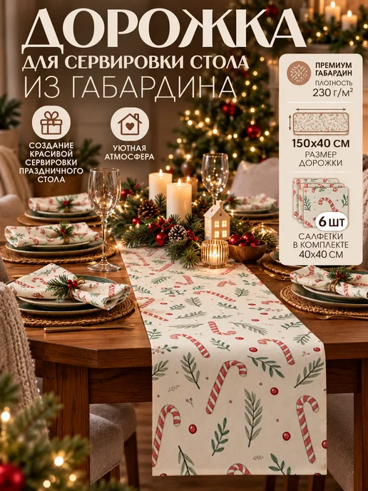 ETOMNENADA Дорожка на стол новогодняя 40х150 и набор салфеток, вариант