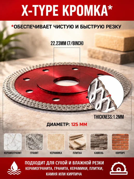 Reli Ware Tools Диск алмазный по керамограниту тонкий X-Type 125мм, серый, фото 3