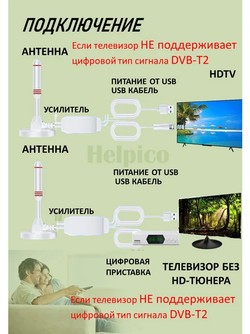 Телевизионная антенна цифрового ТВ DVB-T2 с усилителем 5 м, белый, фото 2