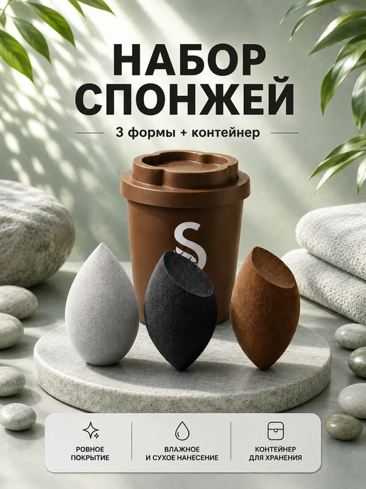 SHIU Набор спонжи для макияжа в контейнере, коричневый