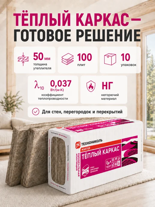 ТехноНИКОЛЬ Минеральная вата утеплитель 50 мм Теплый каркас, 10 уп, белый, фото 3