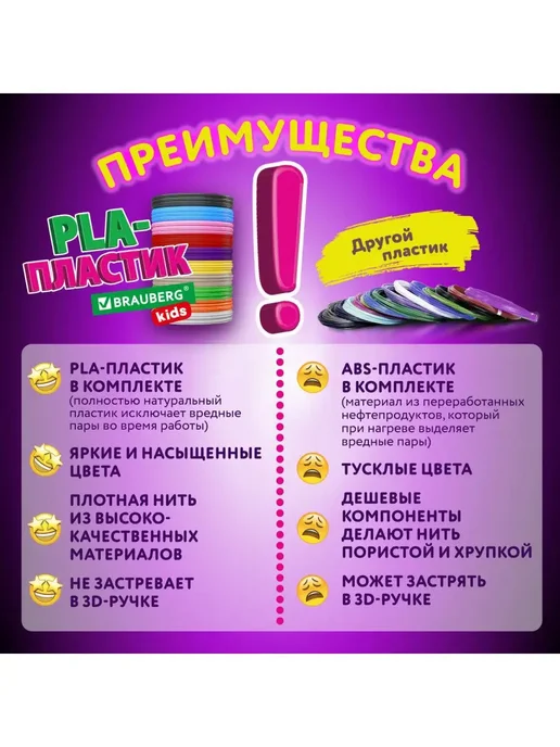 Brauberg Набор Pla-пластика для 3д 3d ручки, 100 метров (10 цветов), 100 м, 10 цв., фото 4