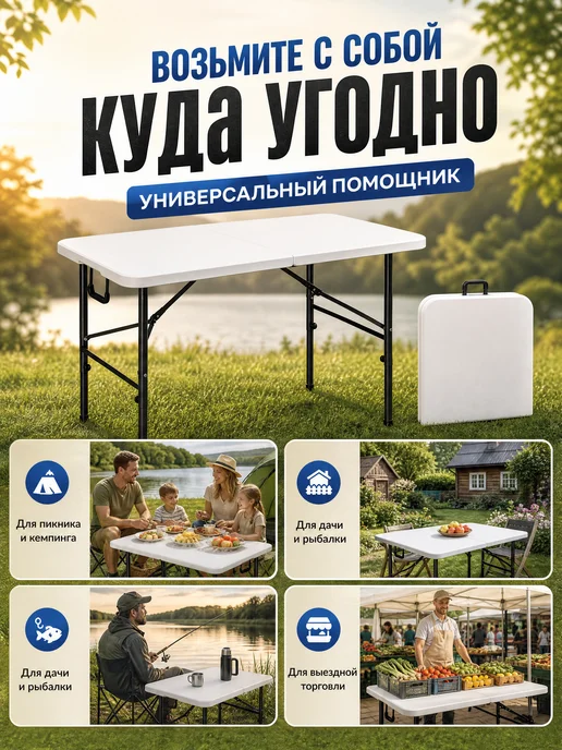 EasyTable Стол складной туристический садовый 122 см пластиковый дача, белый, фото 6