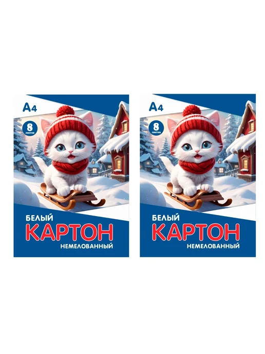 Канцелярские товары. Картон цветной, А4, немелованный, 10 листов, 2 уп, белый, 8 шт