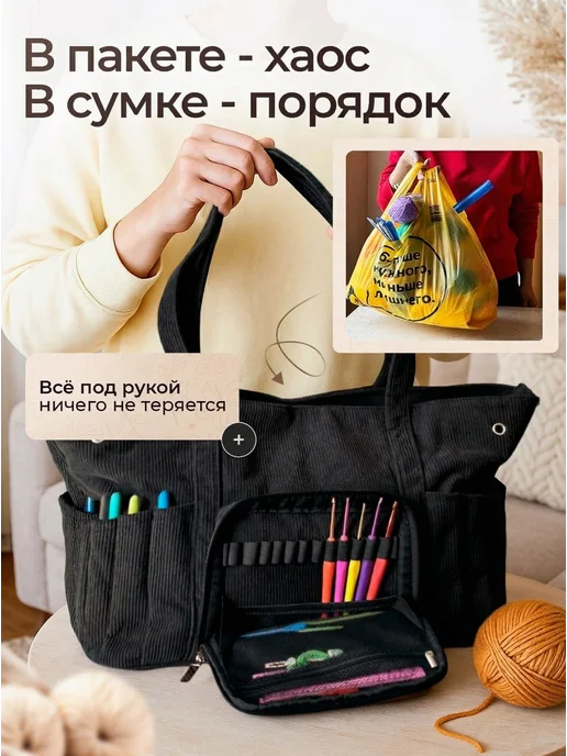 Bina Рюкзак для рукоделия проектная сумка клубочница, черный, фото 5