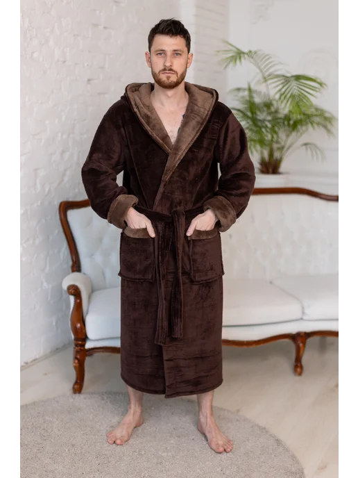 Comfort Fashion Халат махровый с капюшоном теплый, коричневый, фото 2
