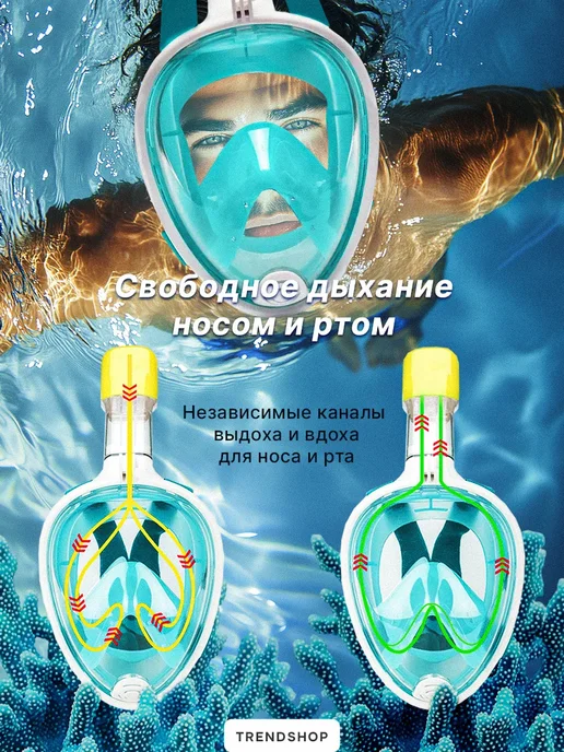 Маска для плавания и снорклинга взрослая полнолицевая, белый, фото 4