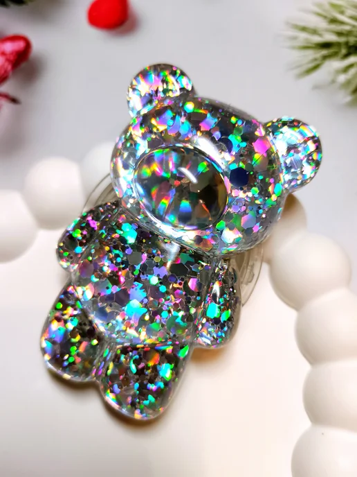 ShopKhib Попсокет Мишка с блестками хамелеон, серый, фото 2