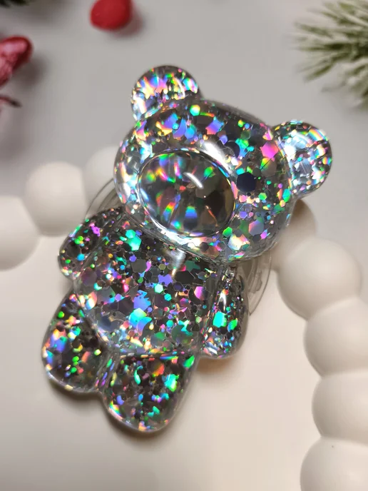 ShopKhib Попсокет Мишка с блестками хамелеон, серый, фото 3