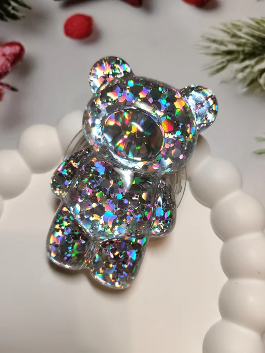 ShopKhib Попсокет Мишка с блестками хамелеон, серый, фото 4