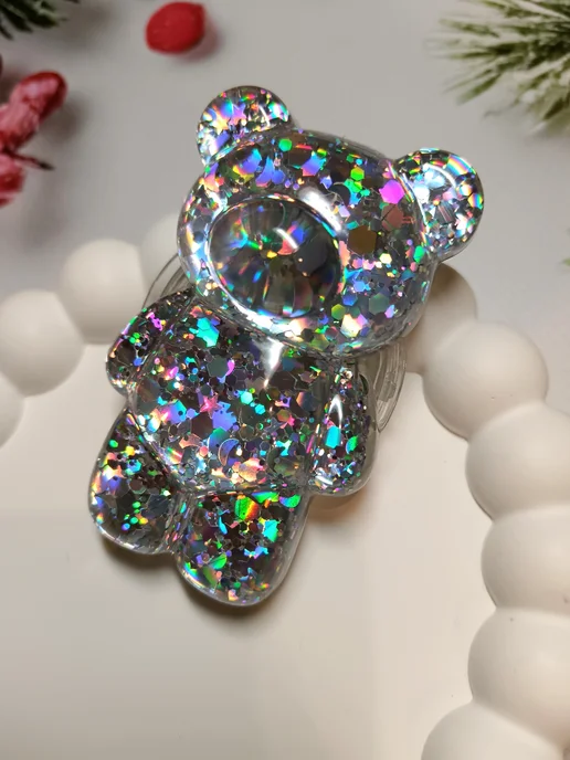 ShopKhib Попсокет Мишка с блестками хамелеон, серый, фото 6