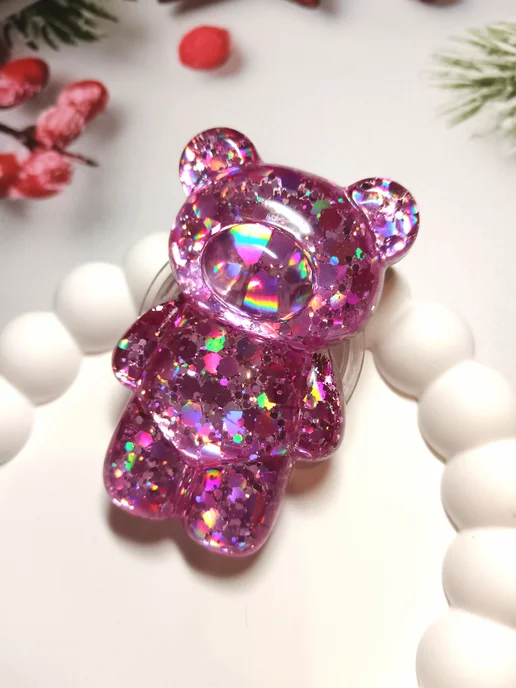 ShopKhib Попсокет Мишка с блестками хамелеон, розовый, фото 2