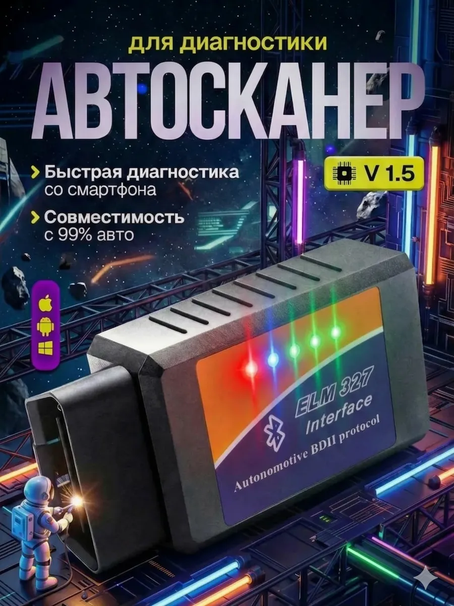 Автосканер для диагностики авто, ELM327 v 1.5 адаптер OBD2