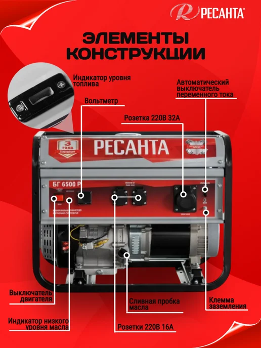 РЕСАНТА Генератор бензиновый 5.5 кВт БГ 6500 Р, вариант, фото 5