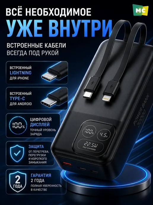 More Choice Повербанк для телефона PB55-30 PD 22.5W 30000mAh Black, 22,5 Вт, 30000 мАч, фото 4