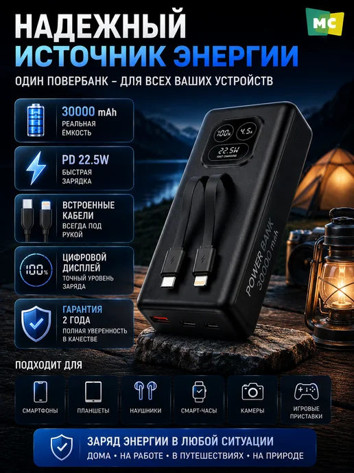 More Choice Повербанк для телефона PB55-30 PD 22.5W 30000mAh Black, 22,5 Вт, 30000 мАч, фото 5