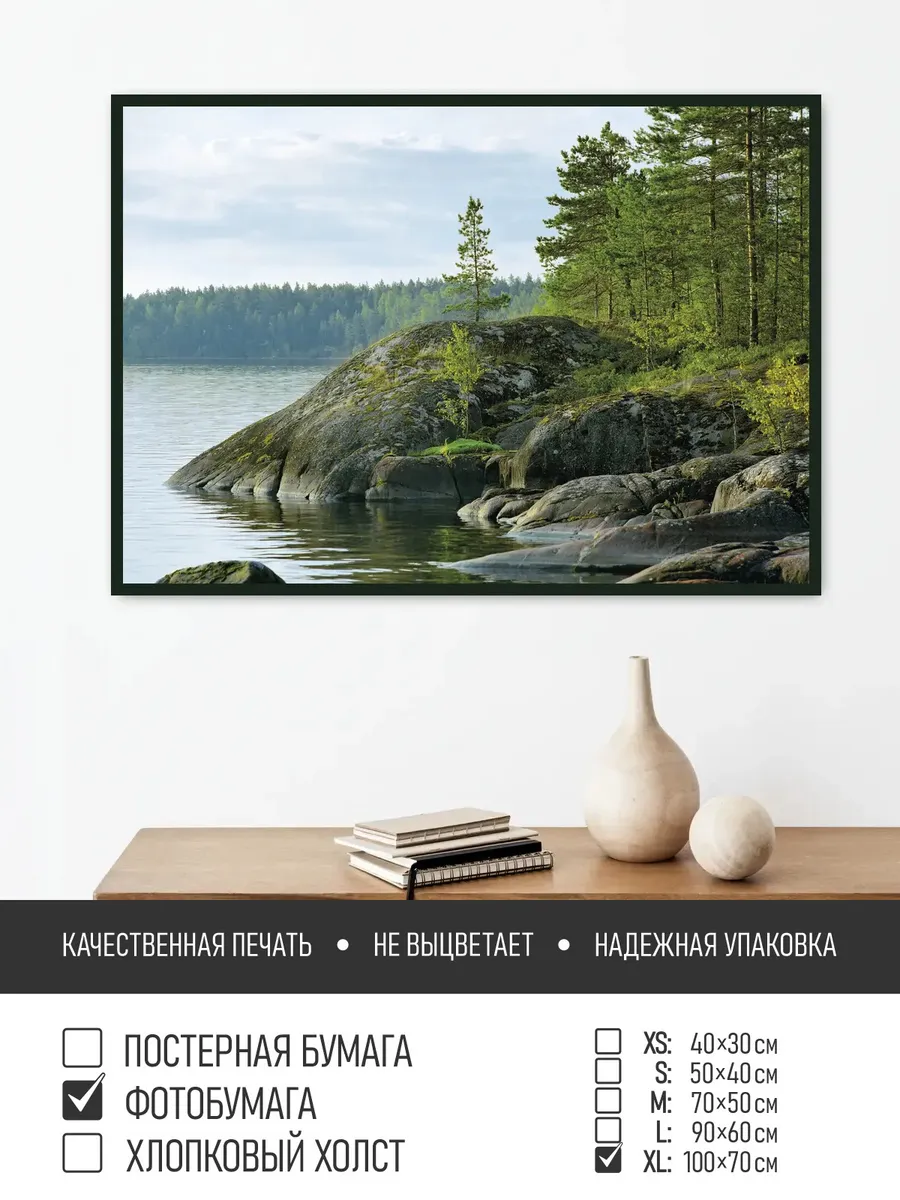 Постер на фотобумаге Лес у озера в карелии, 100х70 см