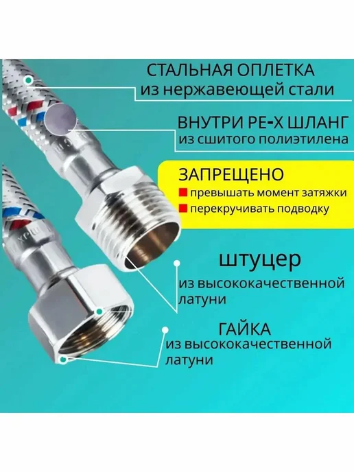 Гибкая подводка для воды 1 2" гайка-штуцер 200 см, серый, фото 2