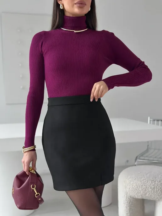FreeSelf Юбка короткая офисная мини замшевая, черный, фото 3