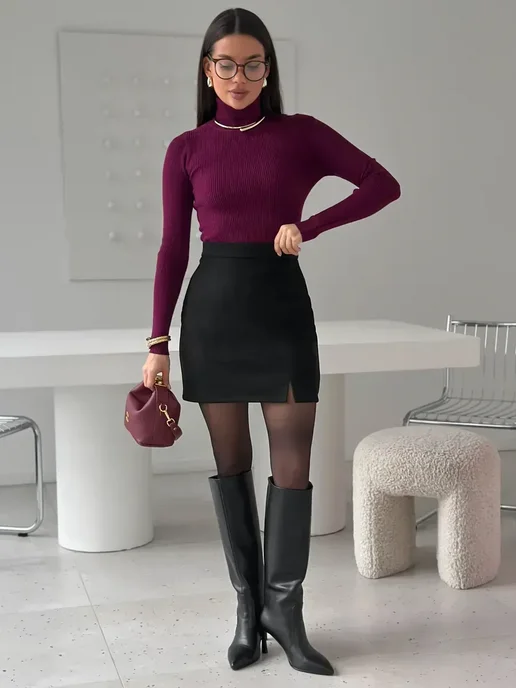 FreeSelf Юбка короткая офисная мини замшевая, черный, фото 4