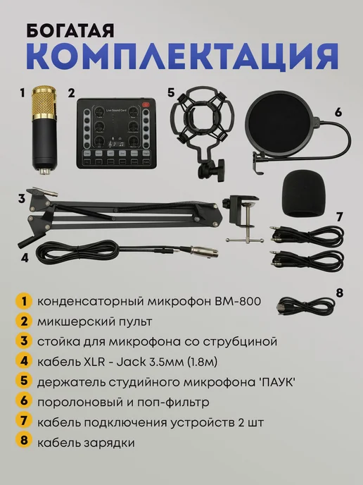 Микрофон студийный для стрима и подкастов + микшер, черный, фото 3
