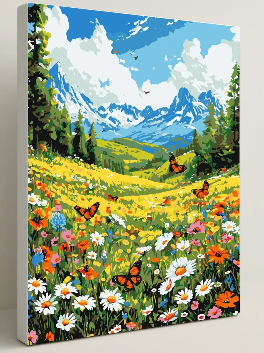 Картина по номерам - Летний луг с цветами и бабочками — 40×50 см