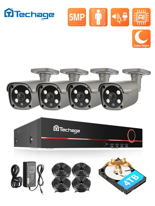 Techage Готовый комплект видеонаблюдения 8CH 5 мп на 4 шт с hdd 4ТБ, 4 шт, 4 ТБ