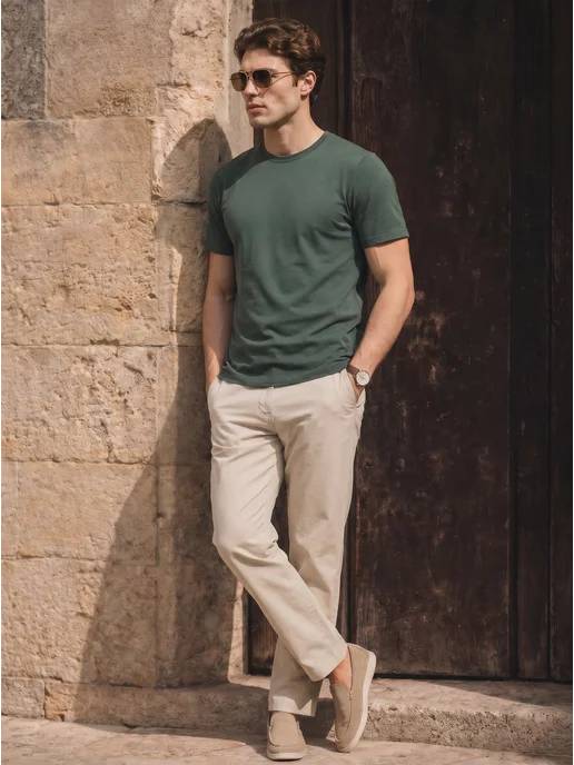 Basic look Футболка хаки из хлопка плотная базовая, зеленый, фото 6
