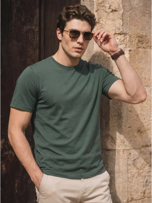 Basic look Футболка хаки из хлопка плотная базовая, зеленый, фото 7