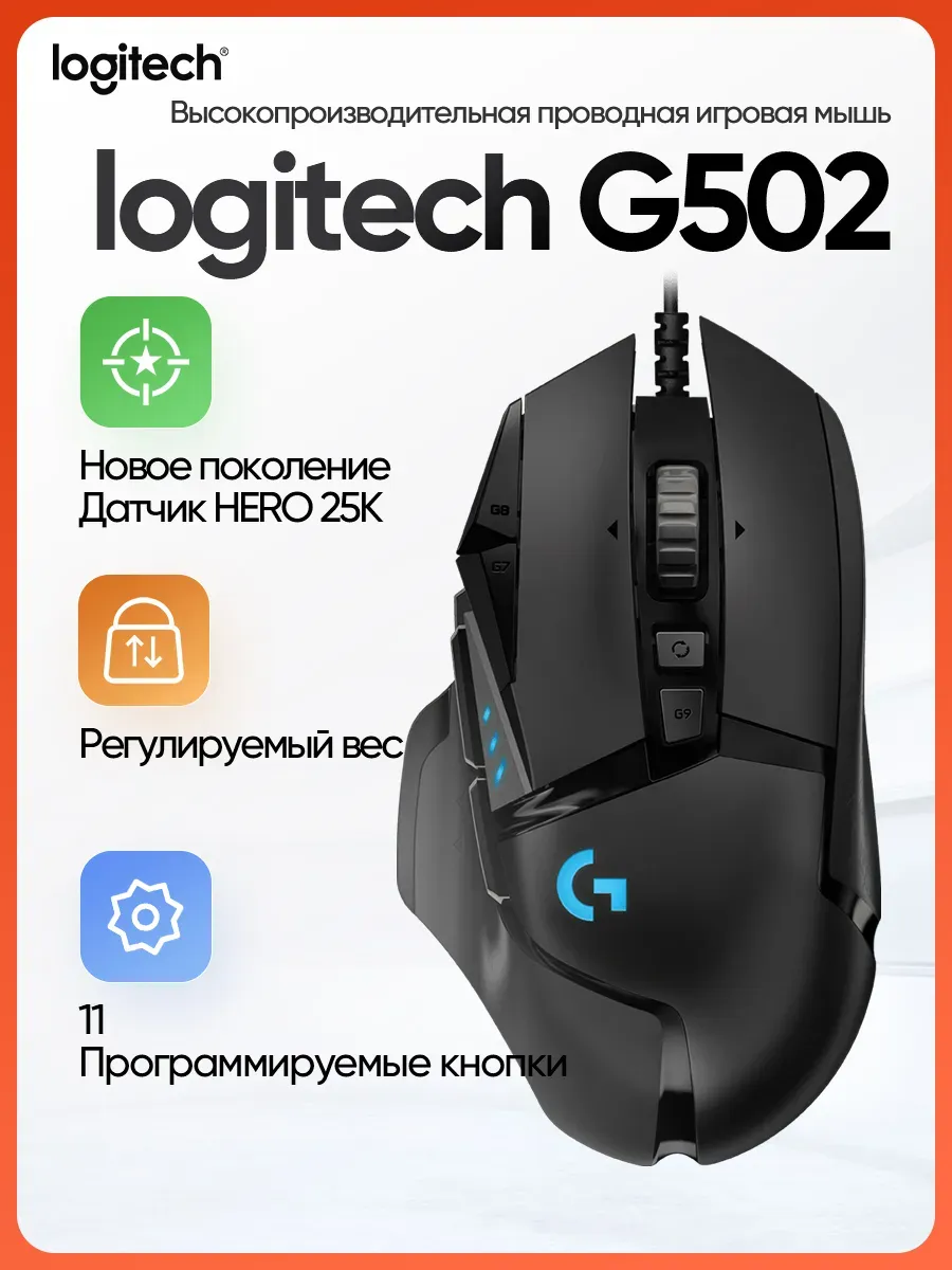 LOGITECH Проводная игровая мышь для ноутбука G502 Hero
