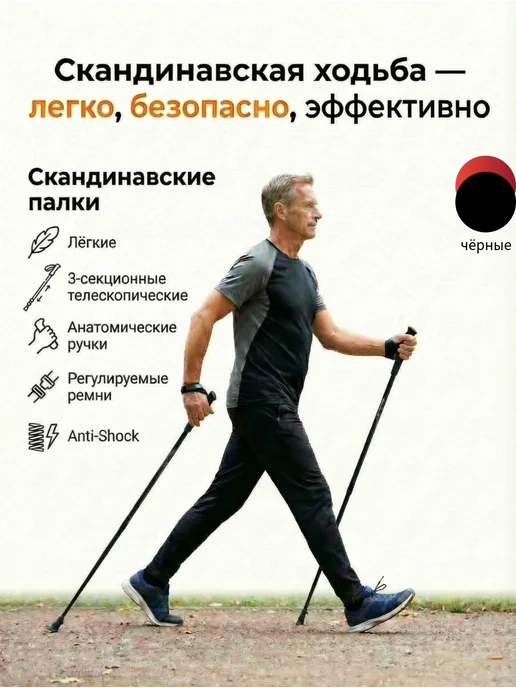 Ergoforce Палки для скандинавской ходьбы треккинговые телескопические, черный