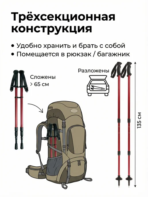 Ergoforce Палки для скандинавской ходьбы треккинговые телескопические, красный, фото 2
