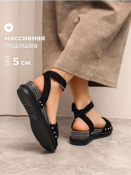 Obba Велюровые летние открытые босоножки на толстой подошве, черный, фото 3