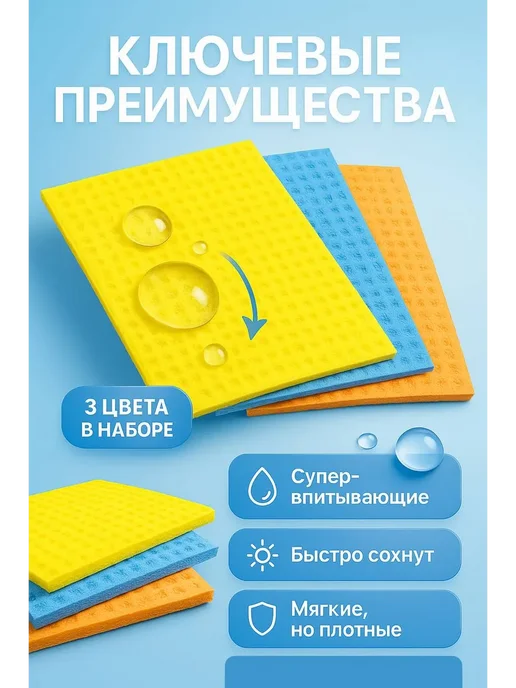 asi777 Салфетки губчатые для уборки 3 шт, 3 шт, фото 3